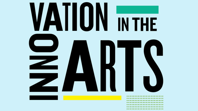 Banner design of "Innovation in the Arts" on a light blue background for The M List 2018.