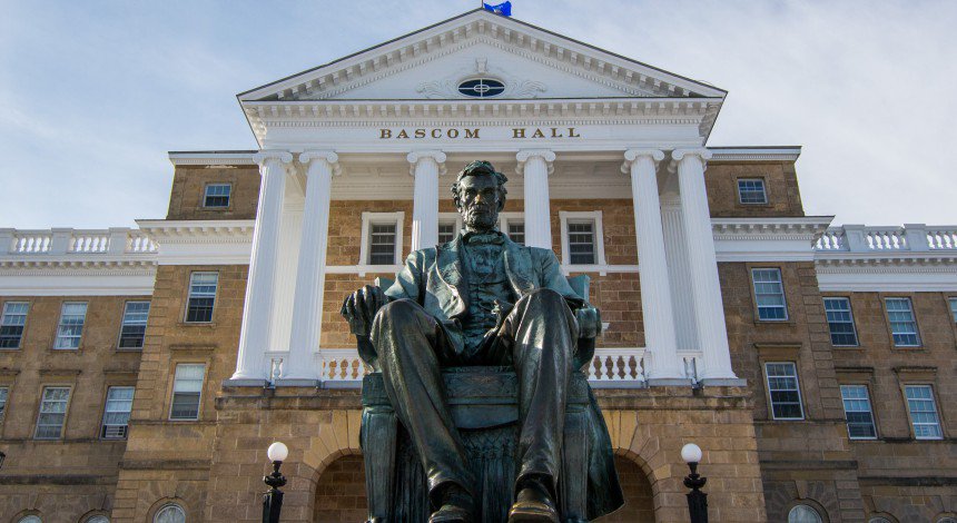 A view of the Abraham Lincoln statue by Adolph Weinman in front of Bascom Hall.