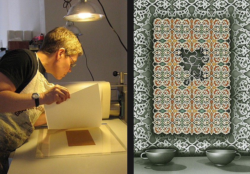 Photo of Janet Ballweg [BS-Art ’83] working on a print (left), and art by Bailweg (right).