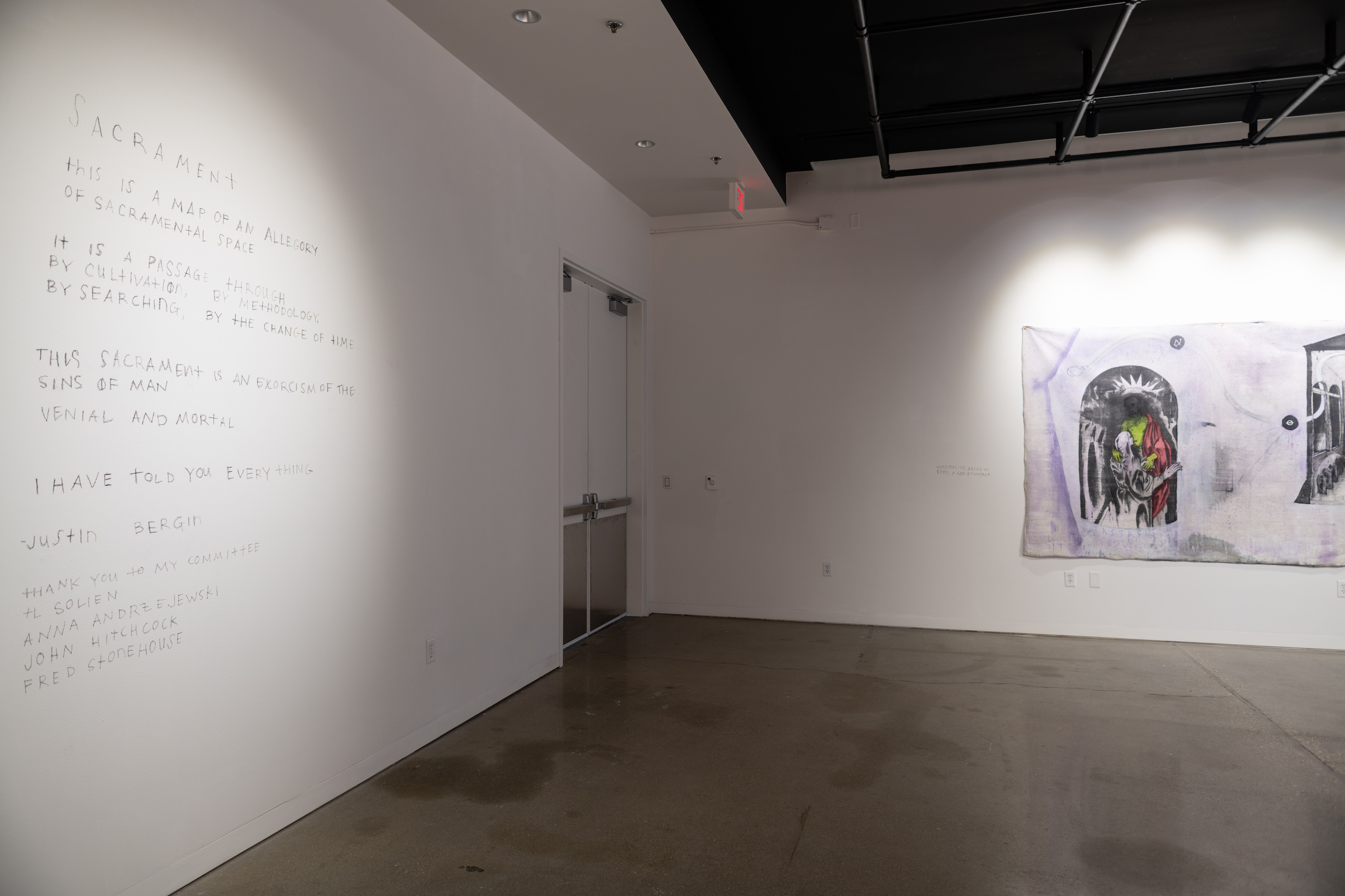Installation view of Justin Bergin's Master of Fine Arts exhibition Sacrament at the Art Lofts Gallery, University of Wisconsin-Madison. Photography by Kyle Herrera.
