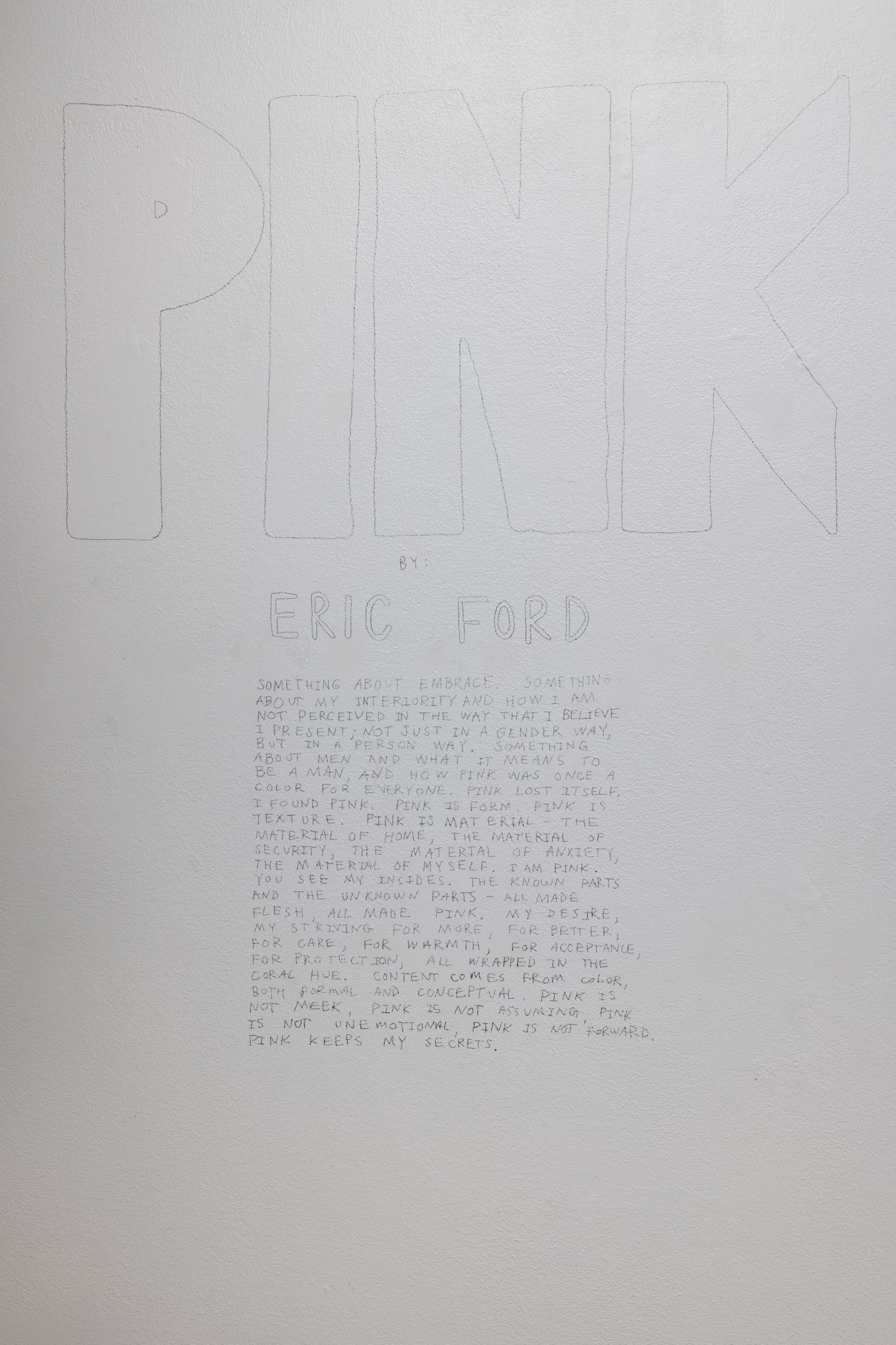 Title and description from Eric Ford's Master of Fine Arts exhibition Pink at the Gallery 7 of the Humanities Building, University of Wisconsin-Madison. Photography by Kyle Herrera.