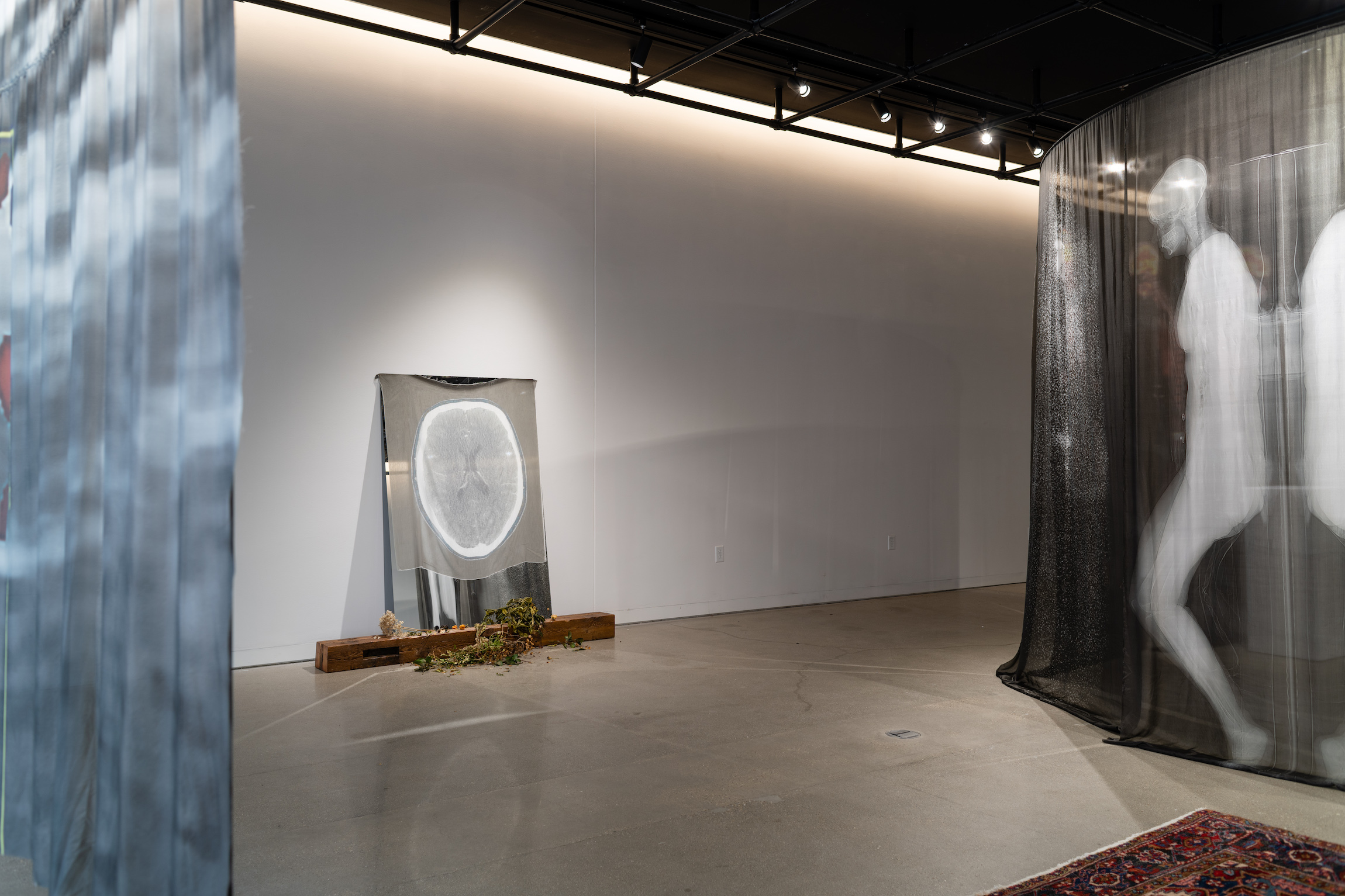"Flesh Becomes the Earth, Blood Becomes the Sea," "Occurring Through Consciousness," and "Monolith," installation artwork from Alex Donnelly's Master of Fine Arts exhibition Vital Winds at the Art Lofts Gallery, University of Wisconsin-Madison. Photography by Kyle Herrera.