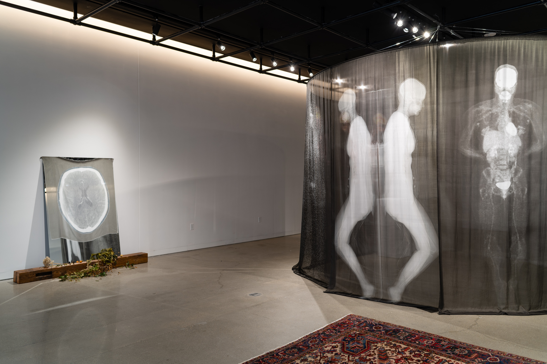 "Occurring Through Consciousness," and "Monolith," installation artwork from Alex Donnelly's Master of Fine Arts exhibition Vital Winds at the Art Lofts Gallery, University of Wisconsin-Madison. Photography by Kyle Herrera.
