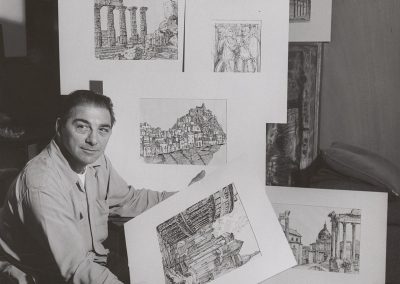 Santos Zingale poses with several of his pieces. Professor Zingale joined the Art Department of the University of Wisconsin-Madison in 1946 where he taught painting and drawing until his retirement in 1978.