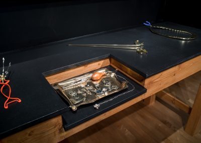 "Cordyceps Extraction Kit," "Dilate," "Shear," and "Clamp" metalsmithing and silversmithing art from Chloe Darke's Master of Fine Arts exhibition Secrete, Augment, Testify at the Chazen Museum of Art, University of Wisconsin-Madison. Photography by Kyle Herrera.