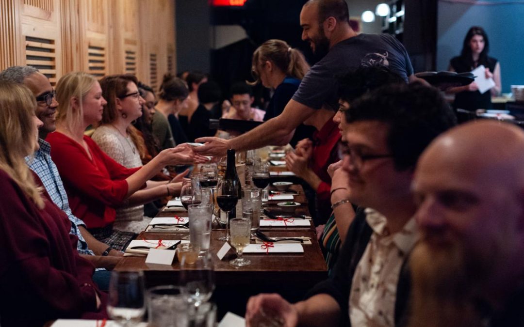 Dining guests enjoyed a six-course meal during "Feast: A Performative Art Dinner," a themed private dinner for 32 participants created by Morris Ramen Chef Francesca Hong, cook Autumn Fearing, and performance artist Kel Mur.