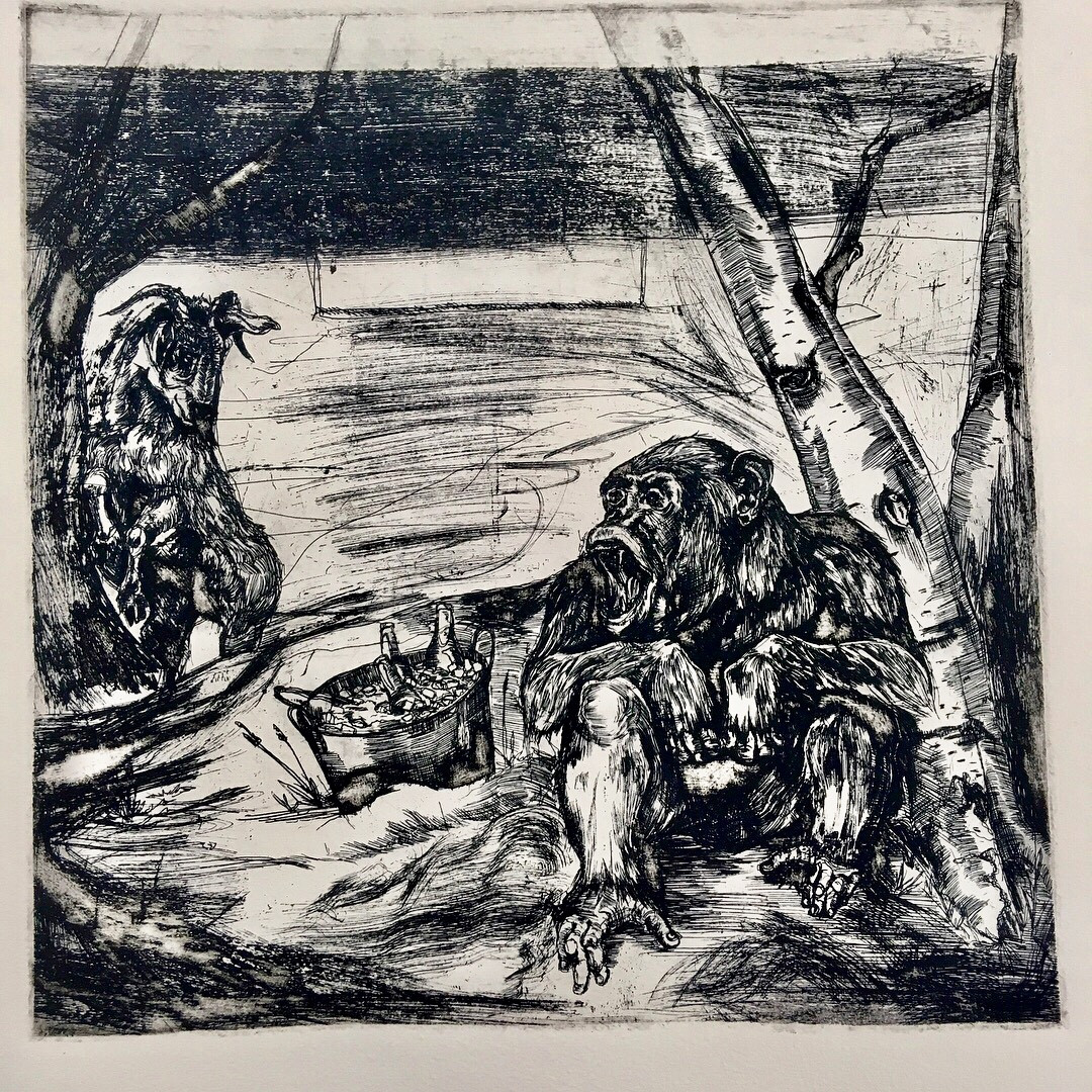 Get Fucked Up Tonight, Church in the Morning, etching by Lucas Pointon.