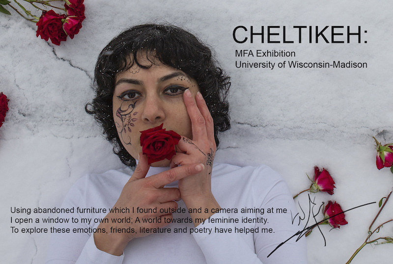 An image promoting Maryam Ladoni’s MFA exhibition, “Cheltikeh,” appears on her website: maryamladoni.com