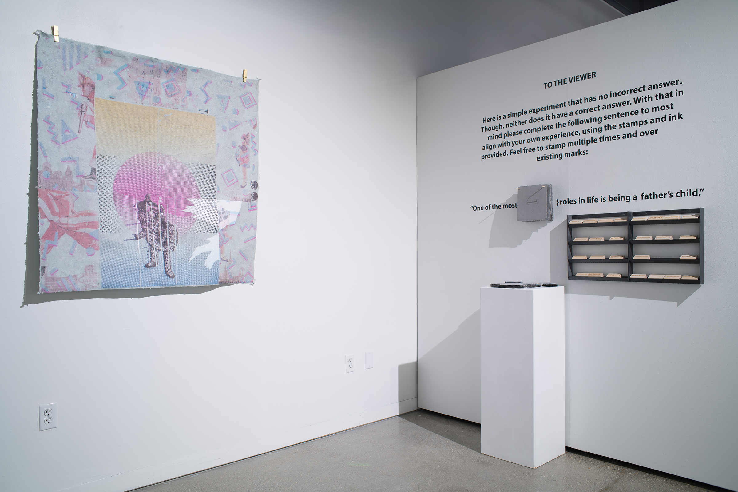 Installation view of Familiar Words Between Good and Bad Master of Fine Arts Exhibition by Kayla Story. Photography by Kyle Herrera.