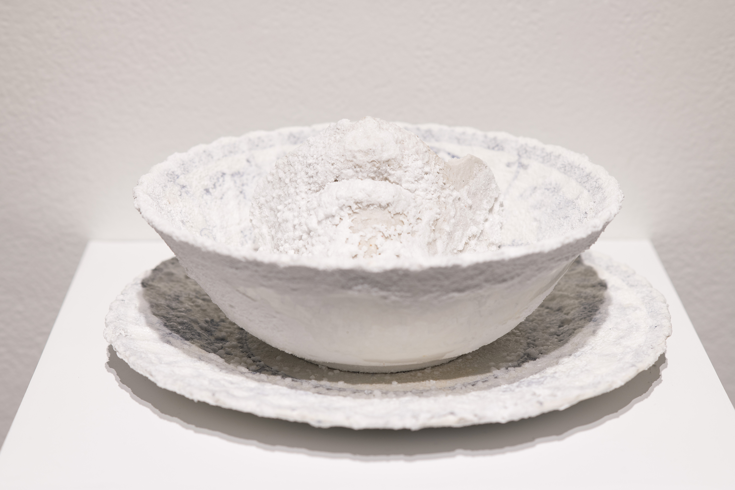 I was going to plead my case detail, Plaster cast of artist’s face, kosher salt, fiberboard, bowl and plate from artist’s childhood home by Kel Mur. Photography by Kyle Herrera.
