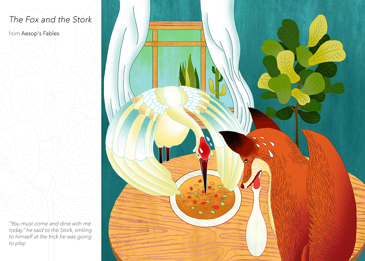 Bird Bestiary, digital and pencil illustrations of Aesop's Fable by Wenxu Zhao.
