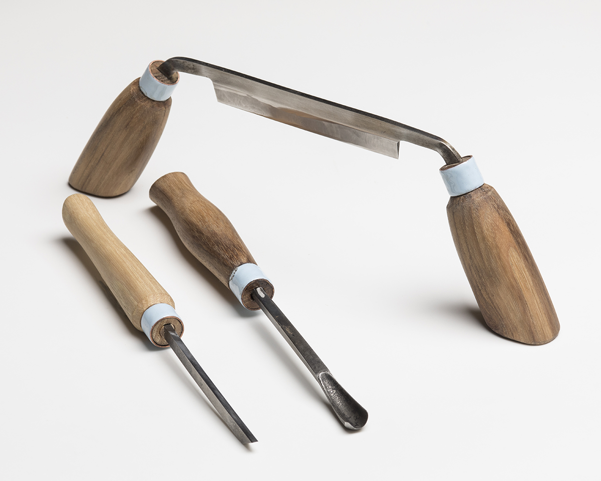 Hand Tools, steel, enamel, and hickory woodworking tools by Lauren Newby.
