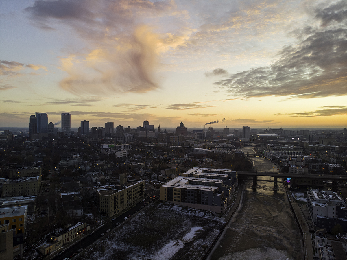 Milwaukee, a cityscape photograph by Maxx McGinnis of the city of Milwaukee taken using a drone in 2019.