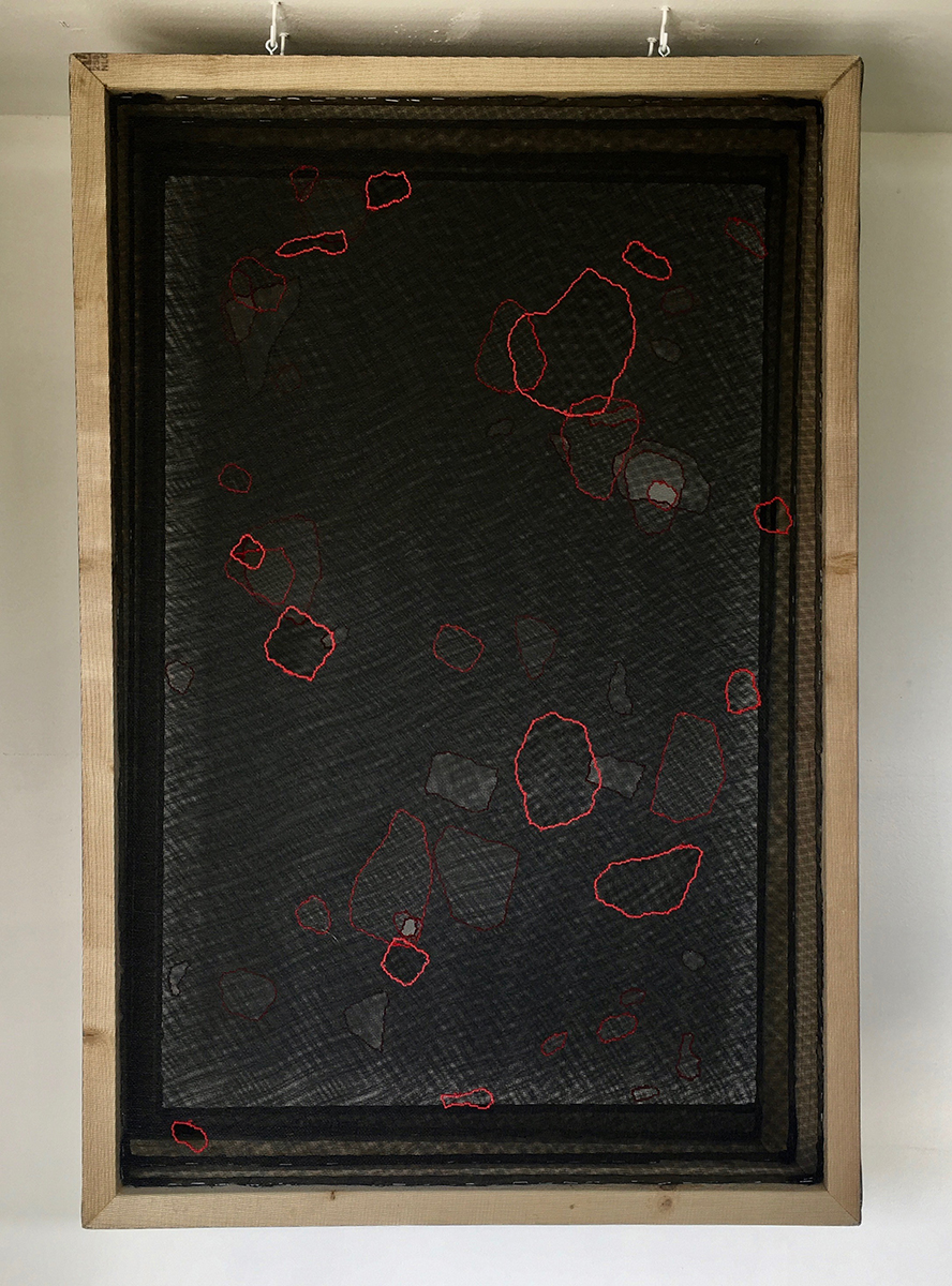 Semipermeable, wood, mesh, and thread screens by Annika Neidinger.
