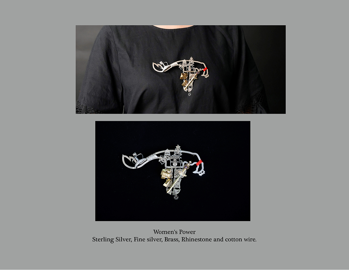 Women's Power, sterling silver, fine silver, brass, rhinestone, and cotton wire art metal brooch pin by Hao Tan.