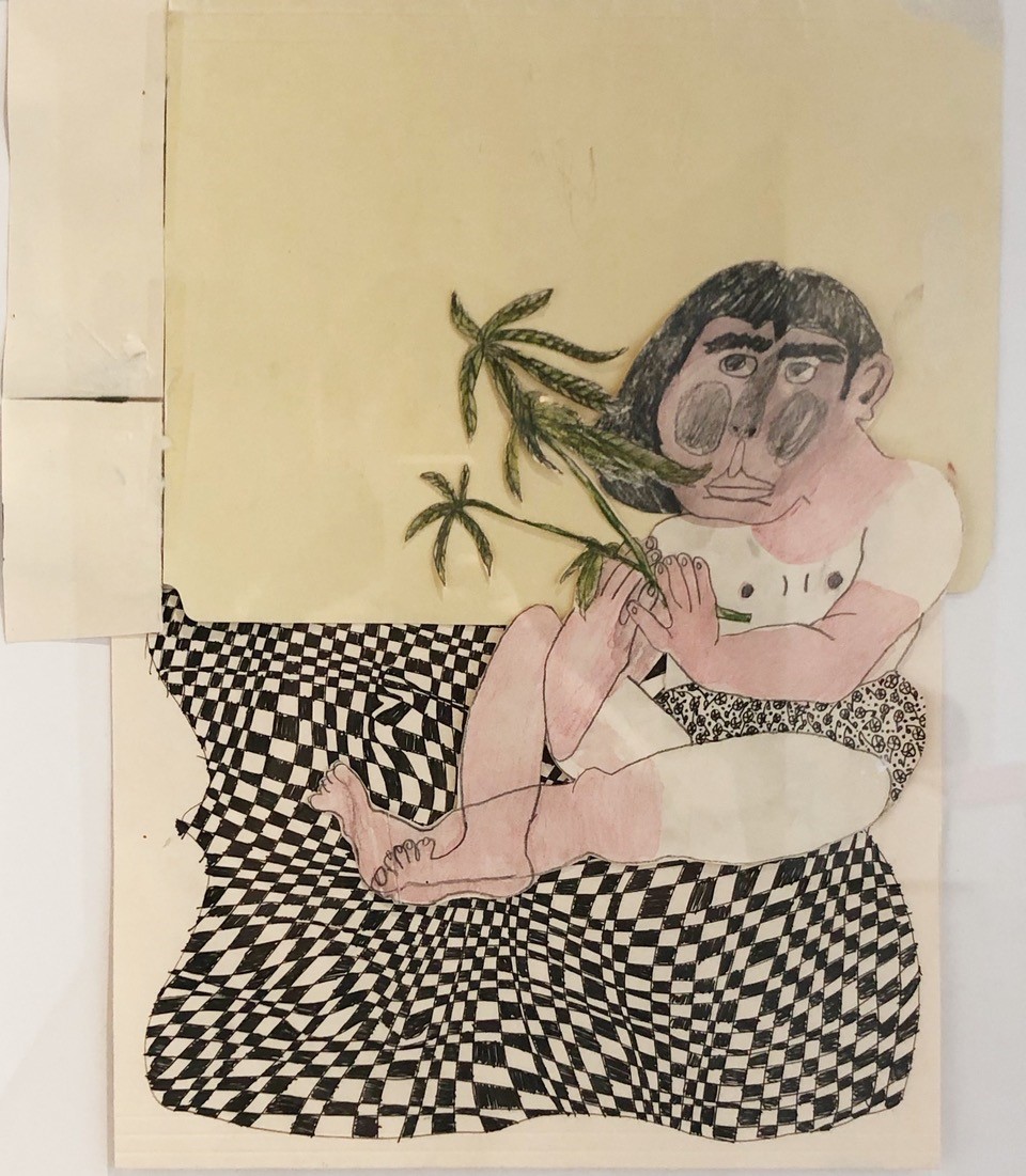I live in the large house on the hill, mixed-media collage on paper drawing by Ashley Lusietto.