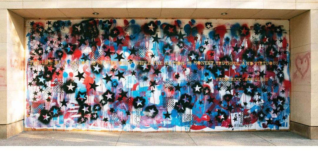 Anwar Floyd-Pruitt's unnamed mural. In the book, Floyd-Pruitt writes: "I wanted the audience to decide for themselves. Is our nation honest? Truthful? Virtuous? If not, then our nation is not secure." Photo by Amadou Kromah.