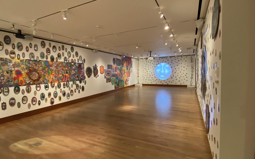Installation view of SUPERNOVA: Charlotte and Gene’s Radical Imagination Station Master of Fine Arts Exhibition by Anwar Floyd-Pruitt at the Chazen Museum of Art, photography by Veronica Kuffel