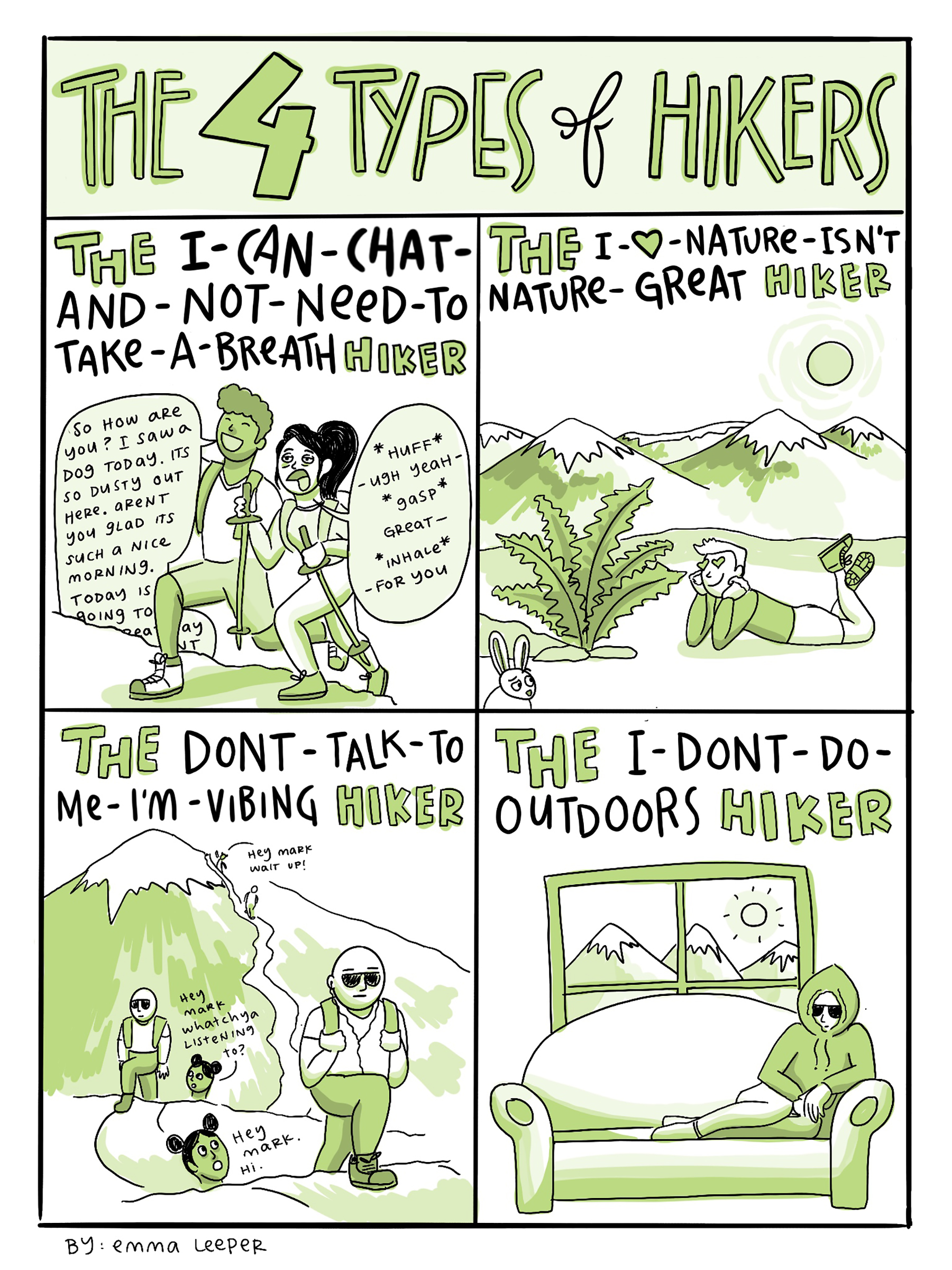 4 Types of Hikers digital comic by Emma Leeper. Published in Souvenirs Travel Magazine, Spring 2021.
