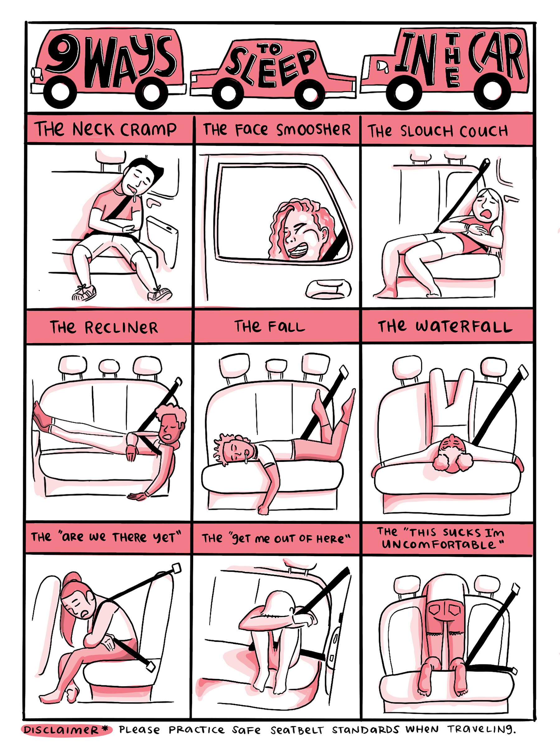 9 Ways to Sleep in a Car digital comic by Emma Leeper. Published in Souvenirs Travel Magazine, Spring 2021.