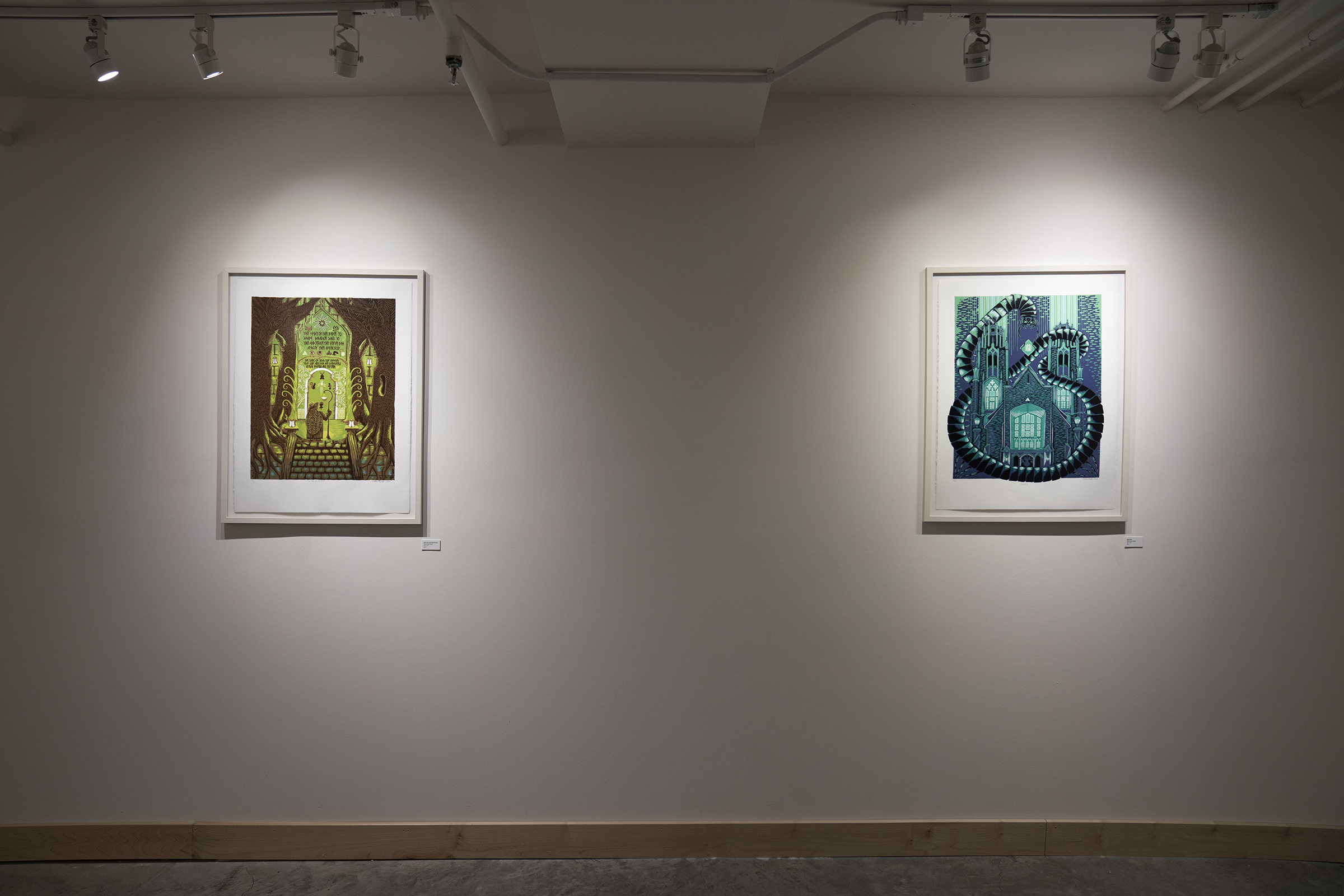Installation view of The Hallowed Veil Master of Fine Arts Exhibition by Jonathan Byxbe at the Apex Gallery, Tandem Press, University of Wisconsin-Madison.