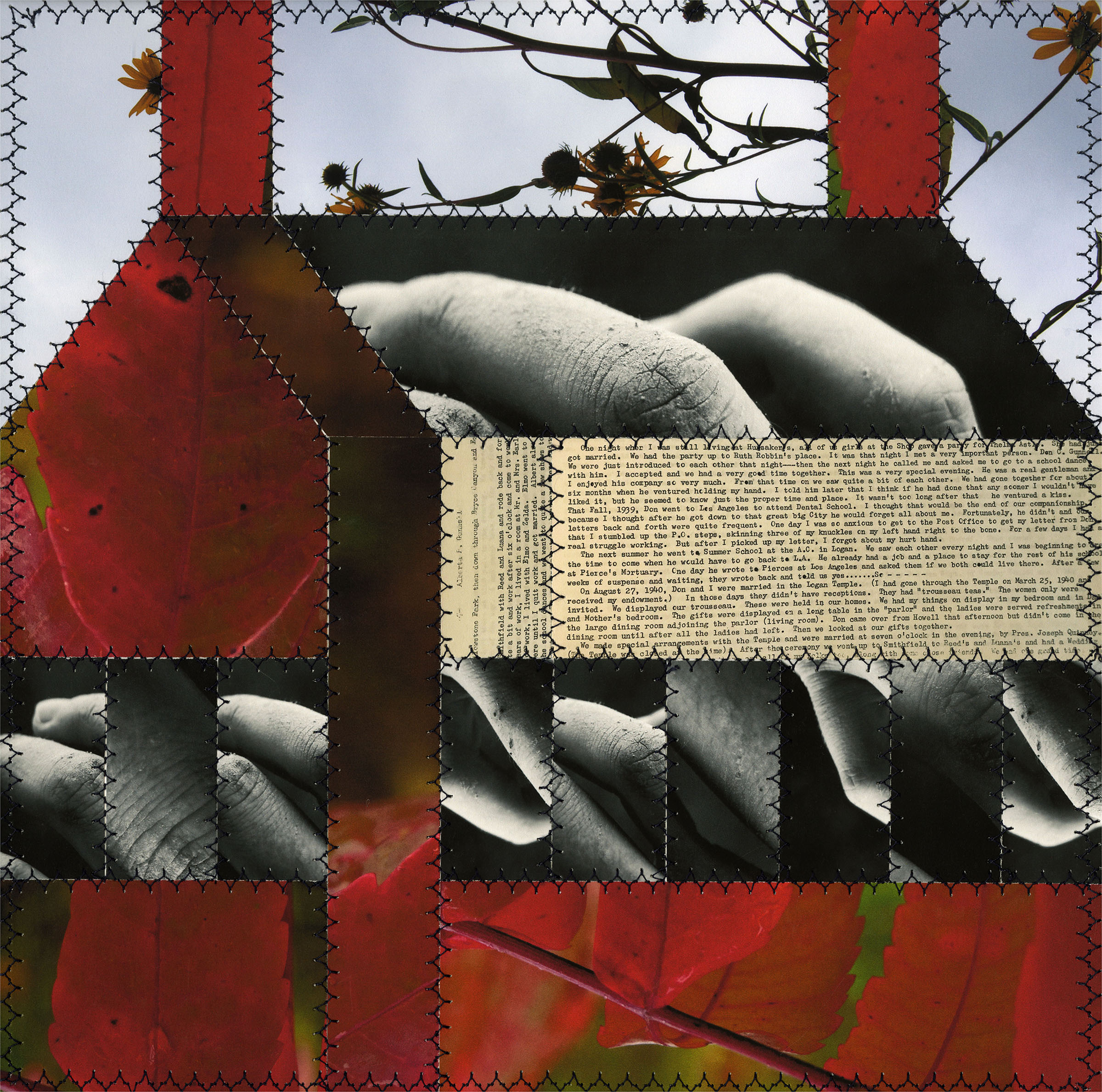 love masks pain (quilt square 2), photographic collage by Margaret Cannon Walker.