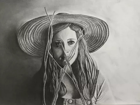 Camera Shy, charcoal and ink drawing by Brittany Waldinger.