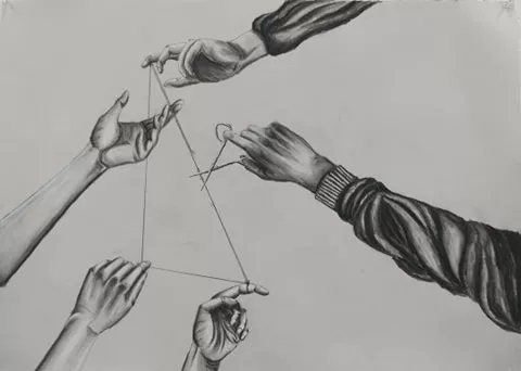 Hanging by a Thread, charcoal and pen drawing by Brittany Waldinger.