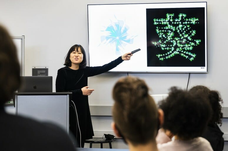 Assistant Professor of Graphic Design Yeohyun Ahn leads students and community members through “Computational Graphic Design: Beautiful Bézier,” a graphic design demonstration held in the Mosse Humanities Building. PHOTO BY: BRIAN HUYNH