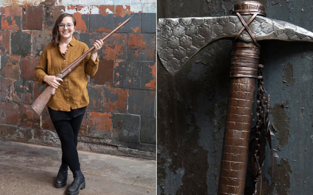 Artist Stacey Lee Webber holding her art, left, and one of her pieces, a penny-soldered tomahawk. Photos: Courtesy of Webber