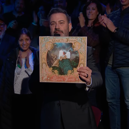 Jimmy Kimmel shows the album cover for Sierra Ferrell’s “Trail of Flowers.”