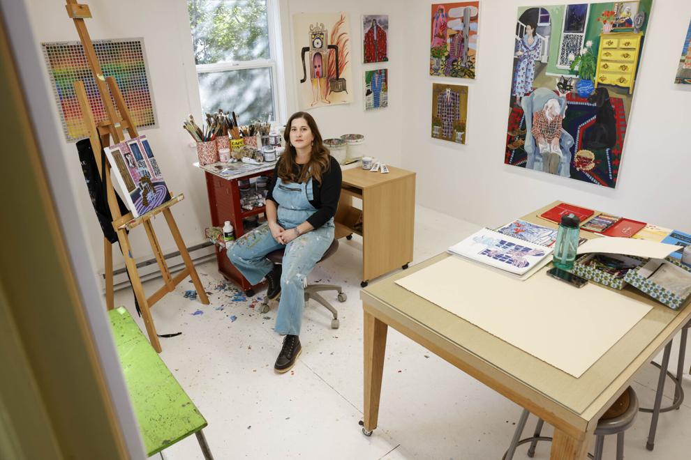 Rebecca Kautz, a 2024 winner of the Forward Art Prize, is pictured in her home studio in Sun Prairie. Kautz might invest some of the $10,000 prize into organizing an exhibition in Sun Prairie, which “really needs more arts and culture.” RUTHIE HAUGE