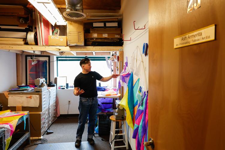 Artist Ash Armenta shows one of his projects at the Roundhouse Studios in Madison. BECK HENRECKSON