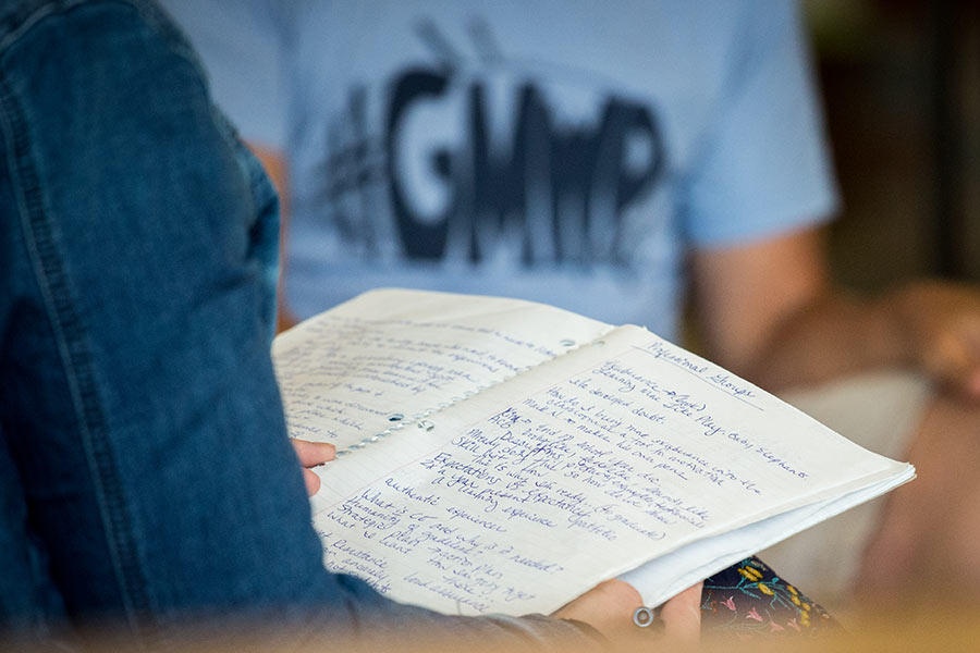 Person holding a notebook with writings in it