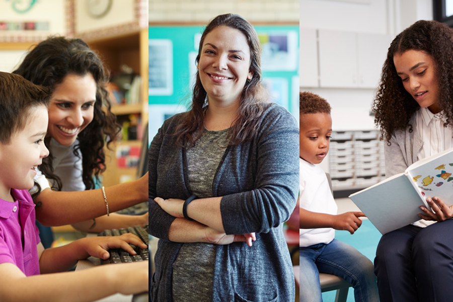 Center image of a woman with brown hair crossing her arms smiling. Two other images of elementary students working with their teachers on a computer and reading a book.