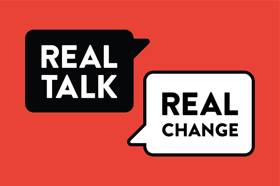 A black, red and, white graphic for the Real Talk for Real Change symposia series