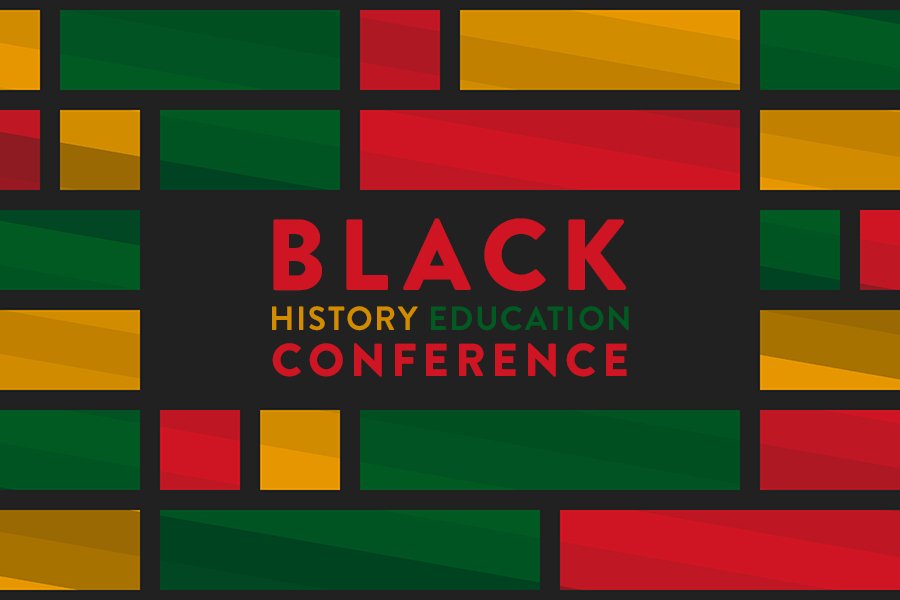 Red, Yellow, Green, and black graphic with rectangles. The text reads "Black history education conference".