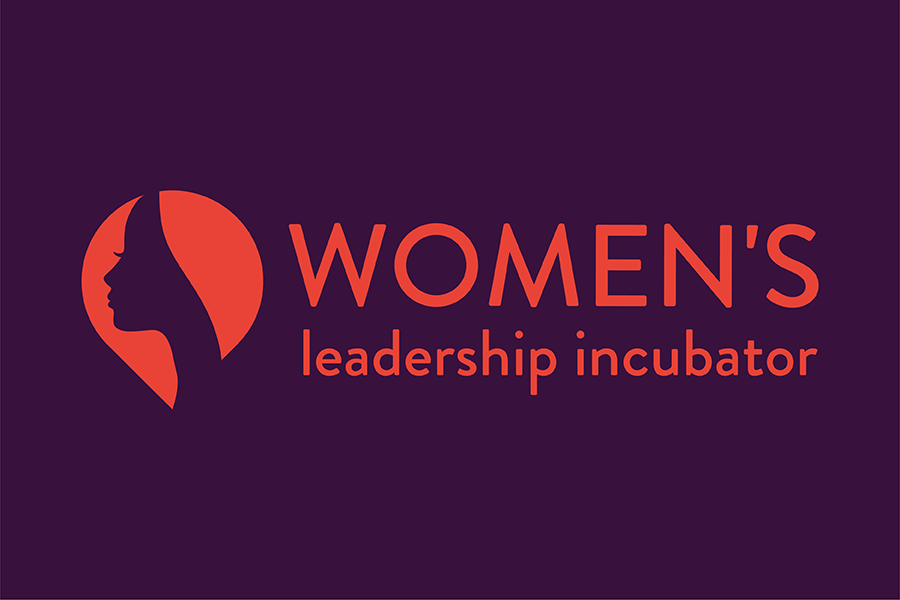A purple and red graphic that says Women's Leadership Incubator in red text with a purple background