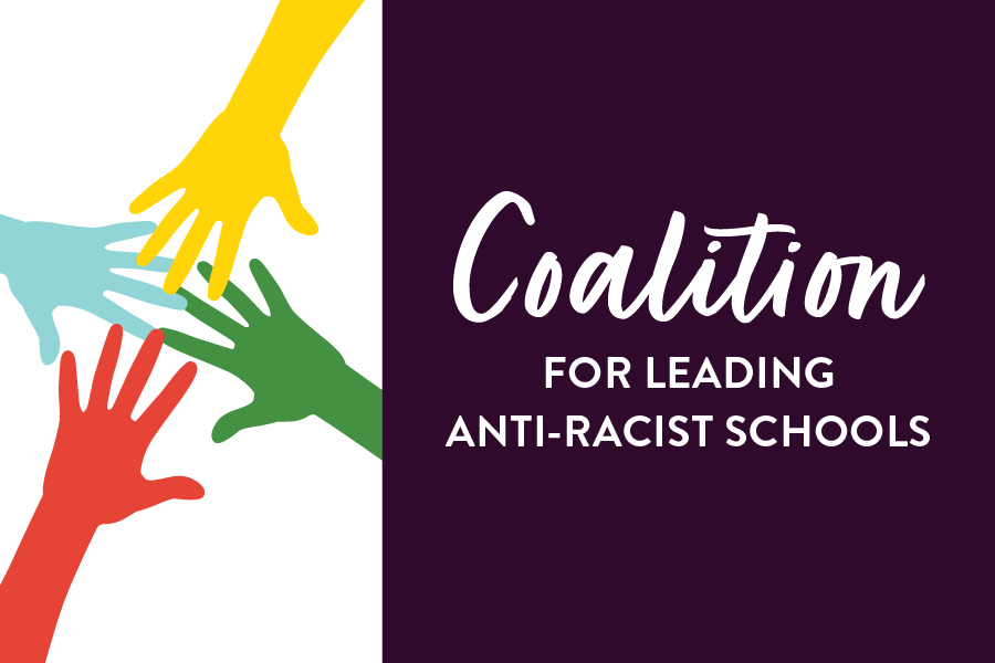 Coalition for antiracist schools graphic with white text on a purple background and four hands in yellow, green, red, and blue on a white background