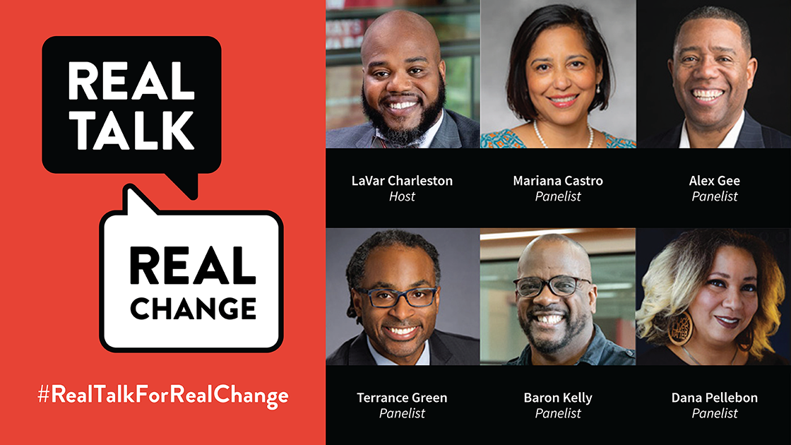Real Talk for Real Change conversation balloon logo with headshots of the six panelists.