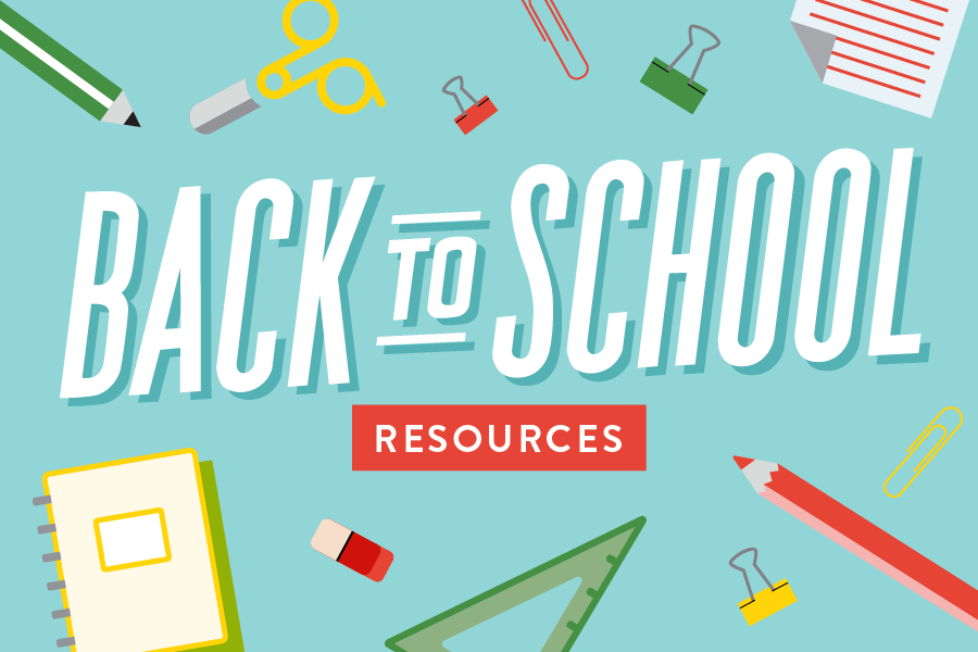 Animated image of school supplies spread out on a blue background with "back to school resources" text overlaid