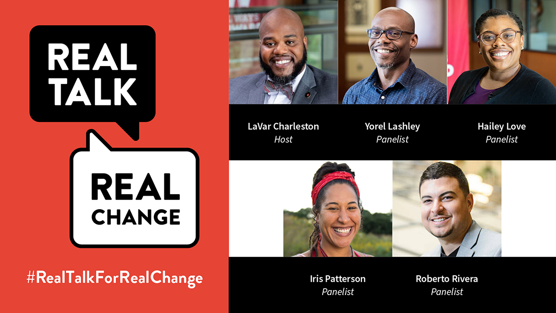 Real Talk for Real Change conversation balloon logo with headshots of the five panelists.