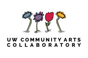 UW Community Arts Collaboratory logo with blue, purple, pink, and yellow flowers