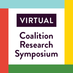 Red, yellow, blue and green virtual coalition research symposium graphic