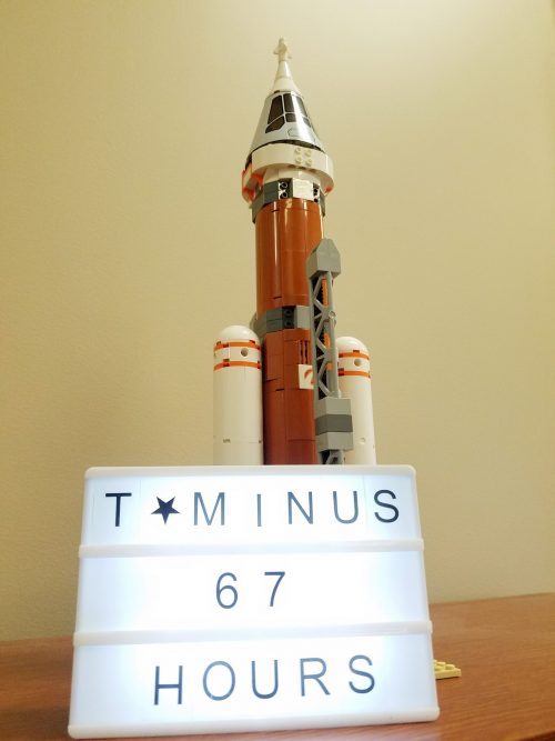 Photo of a Lego rocket at launch countdown